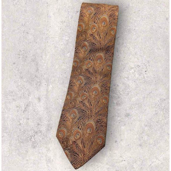 TED BAKER Silk Tie USA Salmon Black Peacock Feather W:3.6" EUC - Picture 1 of 6